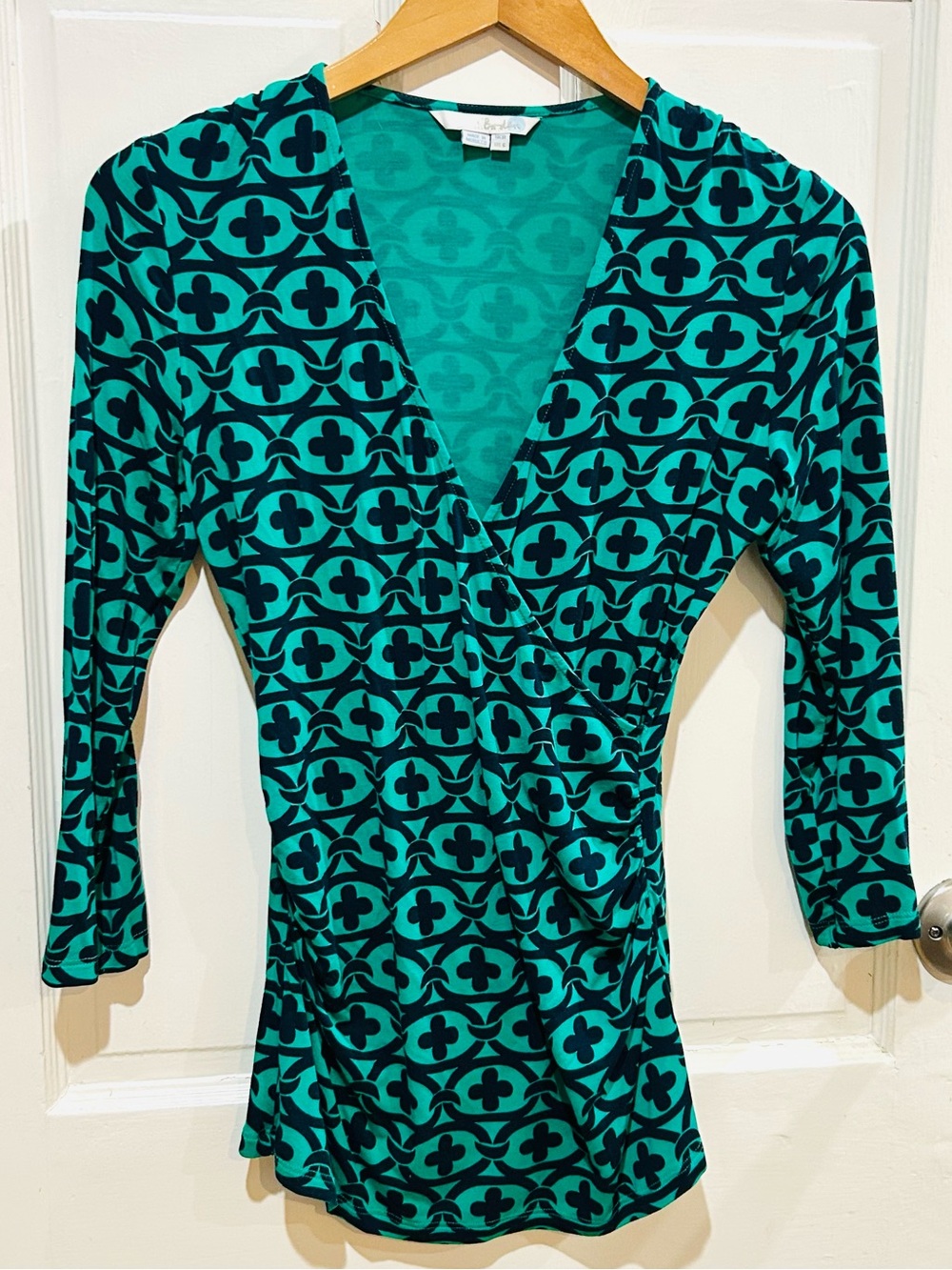 Boden Kelly Green Navy Surplice Wrap Top Geometric Print Workwear Office Size 6